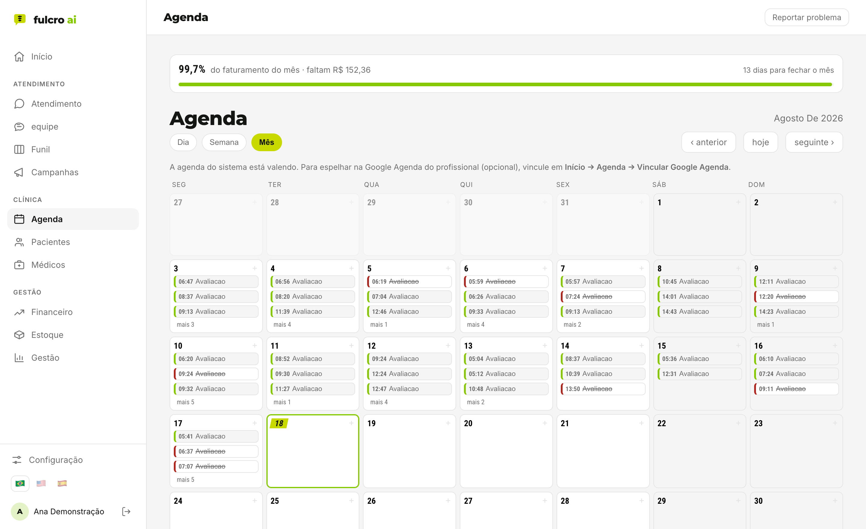Tela real da agenda da fulcro: semana com consultas confirmadas por profissional