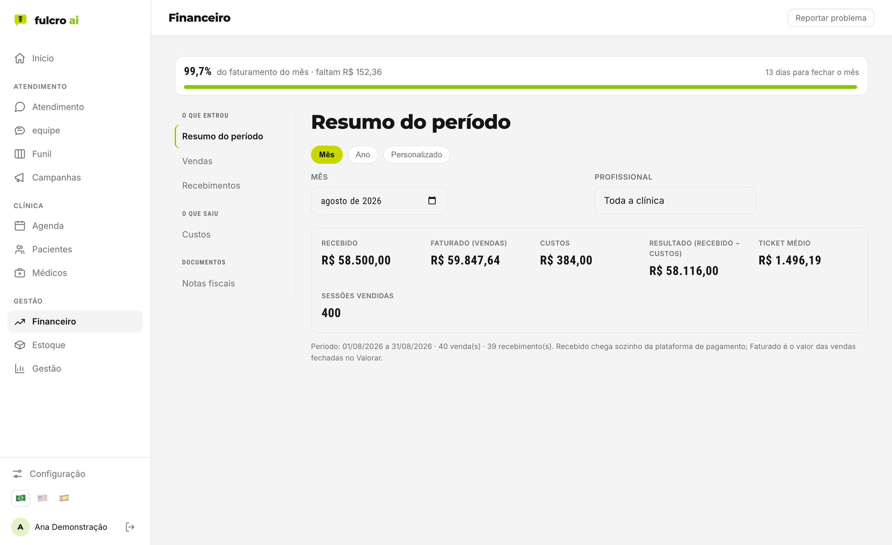 Tela real do financeiro da fulcro: recebimentos do mês, notas fiscais e pendências