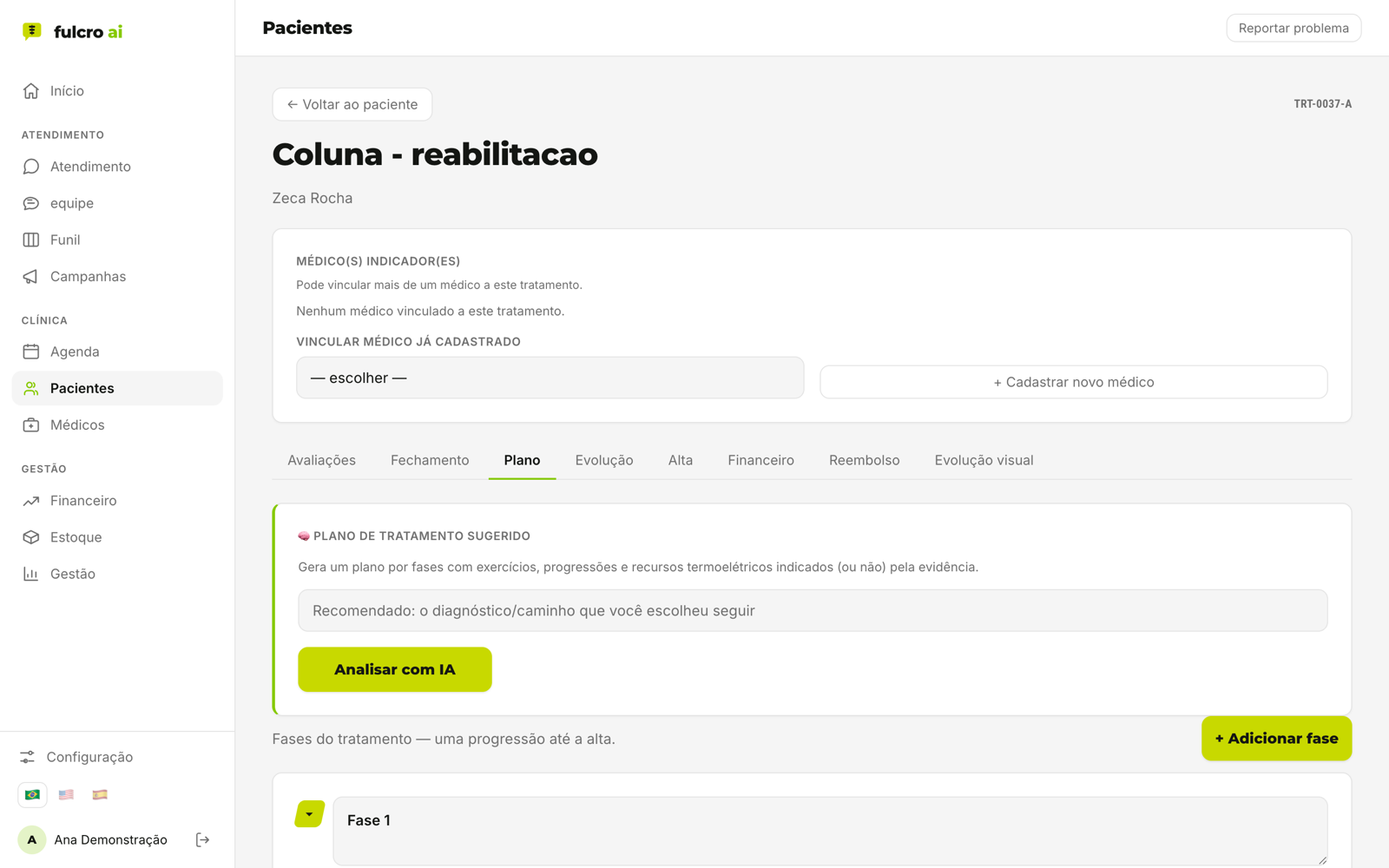 Tela real da fulcro: aba Plano com o botão Analisar com IA e fases do tratamento