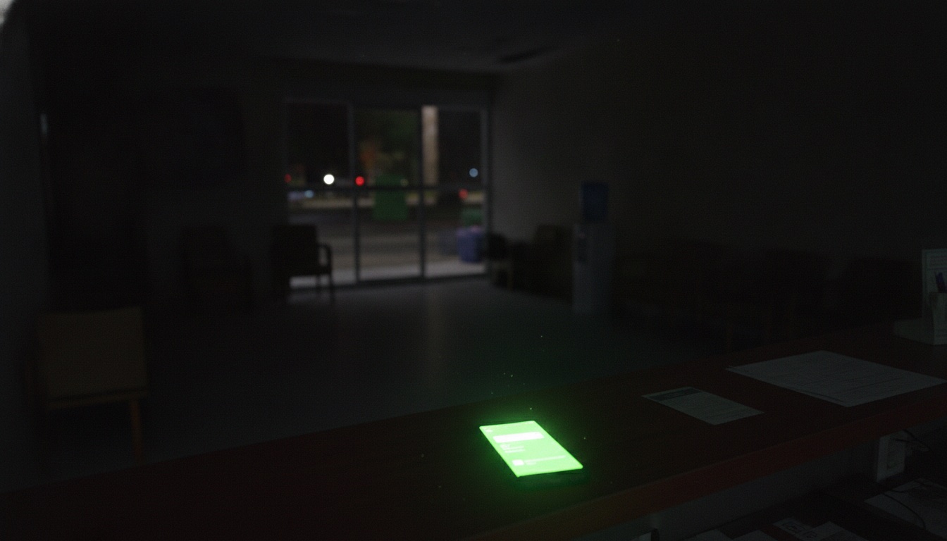 Recepção de clínica à noite com celular recebendo mensagem