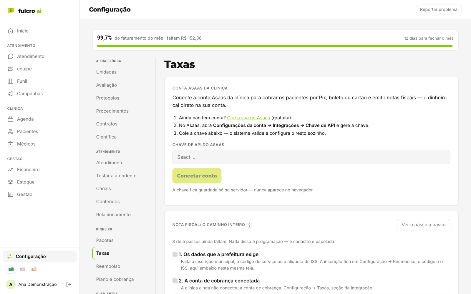Tela real da fulcro em Configuração, Taxas: conexão da conta Asaas e o checklist do caminho inteiro da nota fiscal